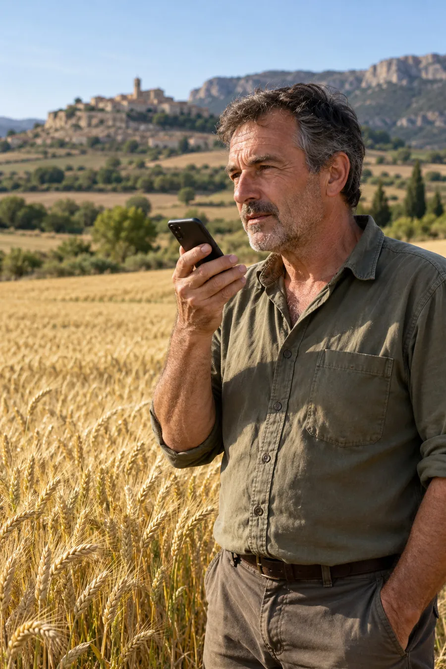 Agricultor utilizando el teléfono en el campo